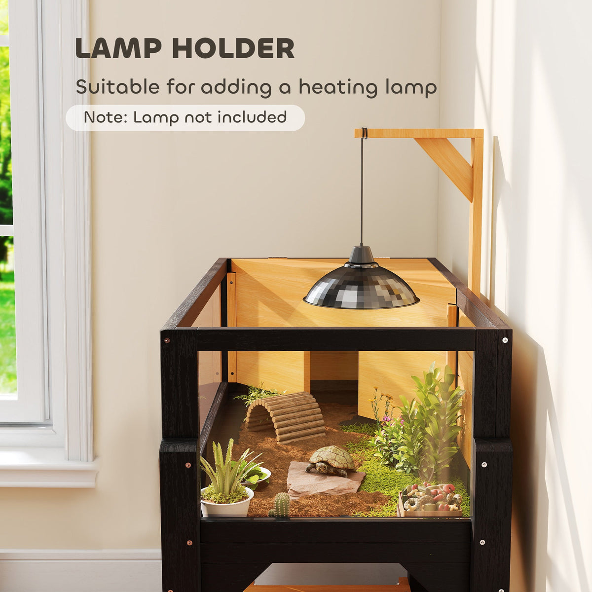 Wooden Tortoise Habitat with Storage Shelf, Tortoise Enclosure with Clear Windows, Openable Top, Lamp Holder, Yellow