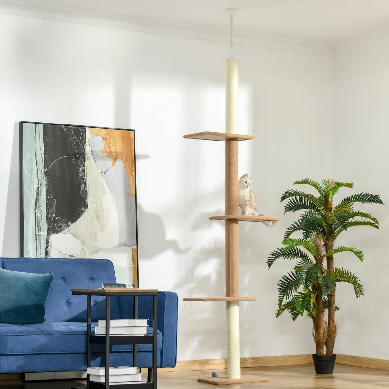 Floor-to-Ceiling Cat Tree Cat Climbing Tower With Sisal-Covered Scratching Posts Natural Cat Tree Activity Center For Kittens Cat Tower Furniture
