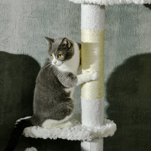 PawHut Floor To Ceiling Cat Tree With Scratching Posts, 88.5-100.5 Adjustable Height, Cat Climbing Tower With Cloud Shape Platforms, Toy Balls, Anti-toppling Device, White