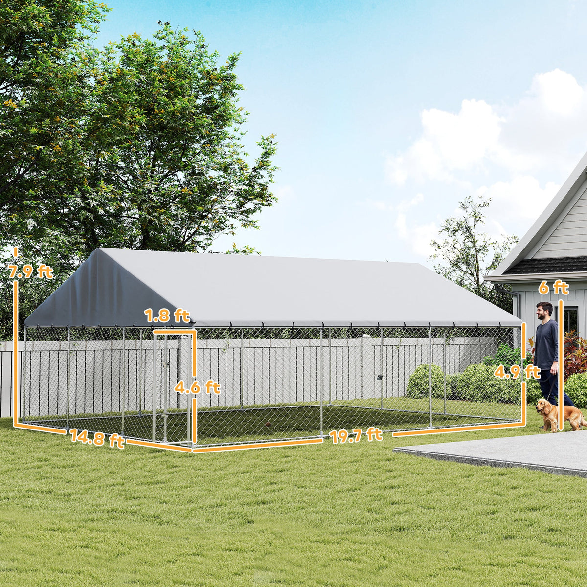 Heavy Duty Outdoor Dog Kennel with Waterproof Roof, 2 Secure Latches, Chain Link Dog Run for Backyard, 20 x 15 x 8
