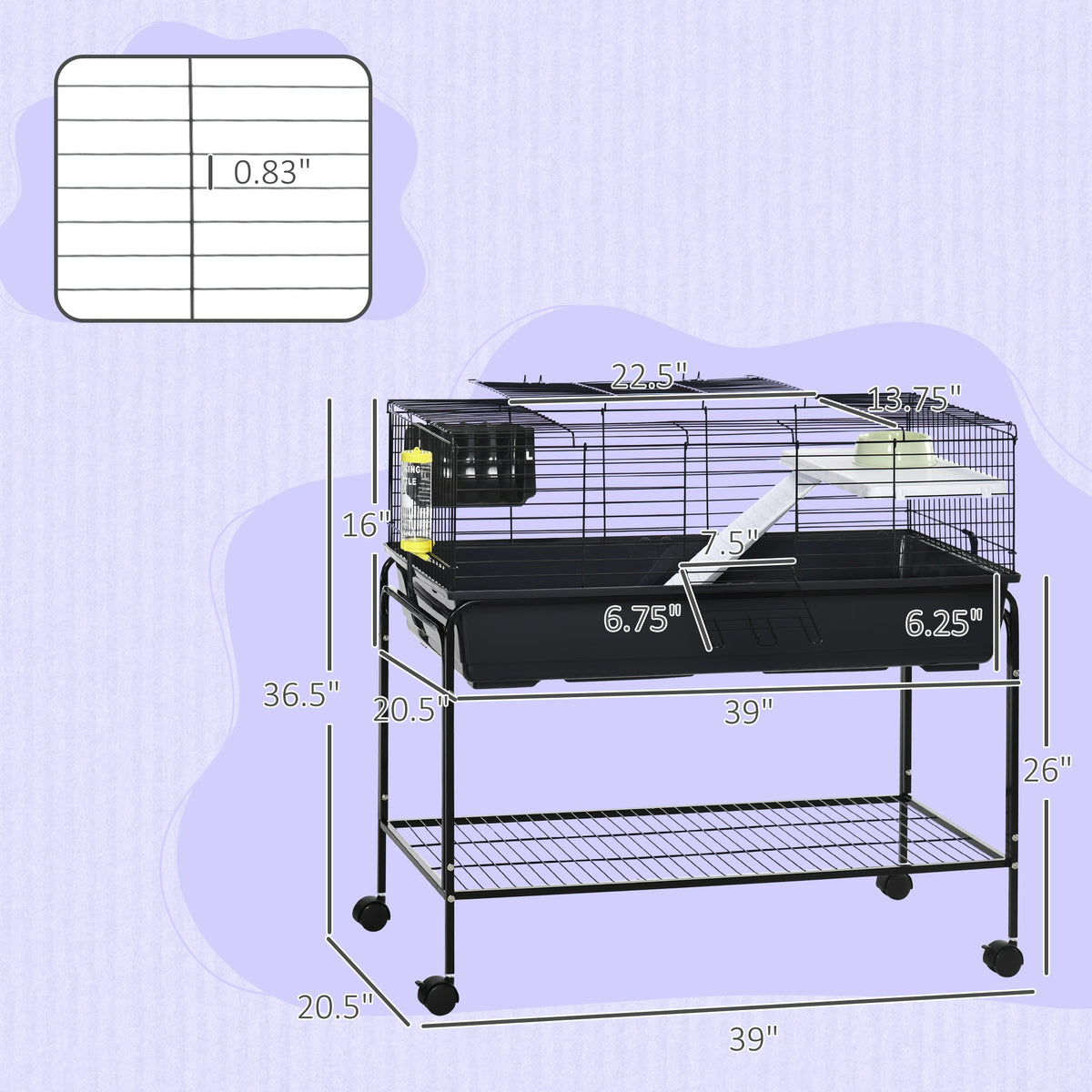 Two-Story Small Animal Cage Removable from Stand, Guinea Pig Cage with Shelf & Wheels, Pet Habitat for Hedgehog, Chinchilla, Ferret, 39" x 20.5" x 36.5", Black