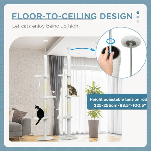 PawHut Floor To Ceiling Cat Tree With Scratching Posts, 88.5-100.5 Adjustable Height, Cat Climbing Tower With Cloud Shape Platforms, Toy Balls, Anti-toppling Device, White