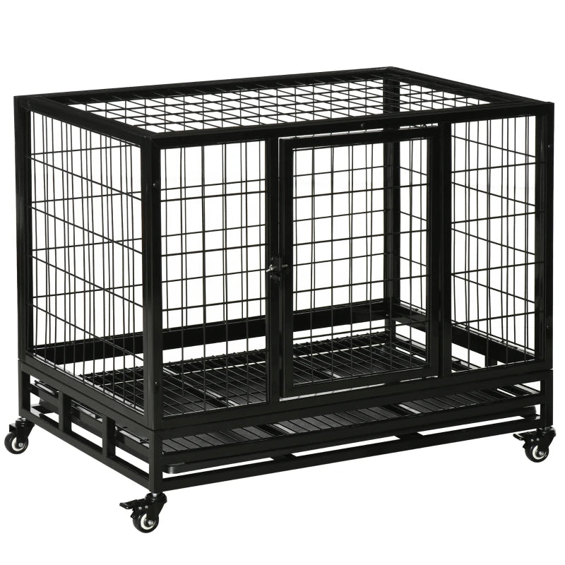 PawHut Heavy Duty Dog Crate With Removable Tray, Lockable Wheels And Double Door, For Medium And Large Dogs, Black
