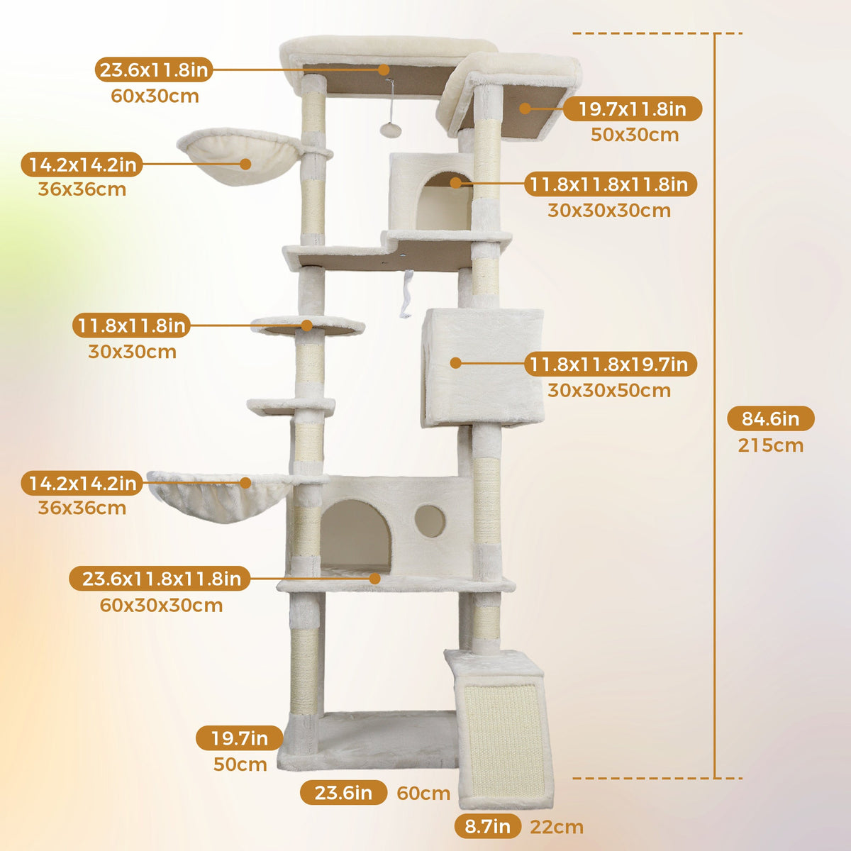 84 in Beige cat tree tower with large condo sisal scratching post big hammock and top platform