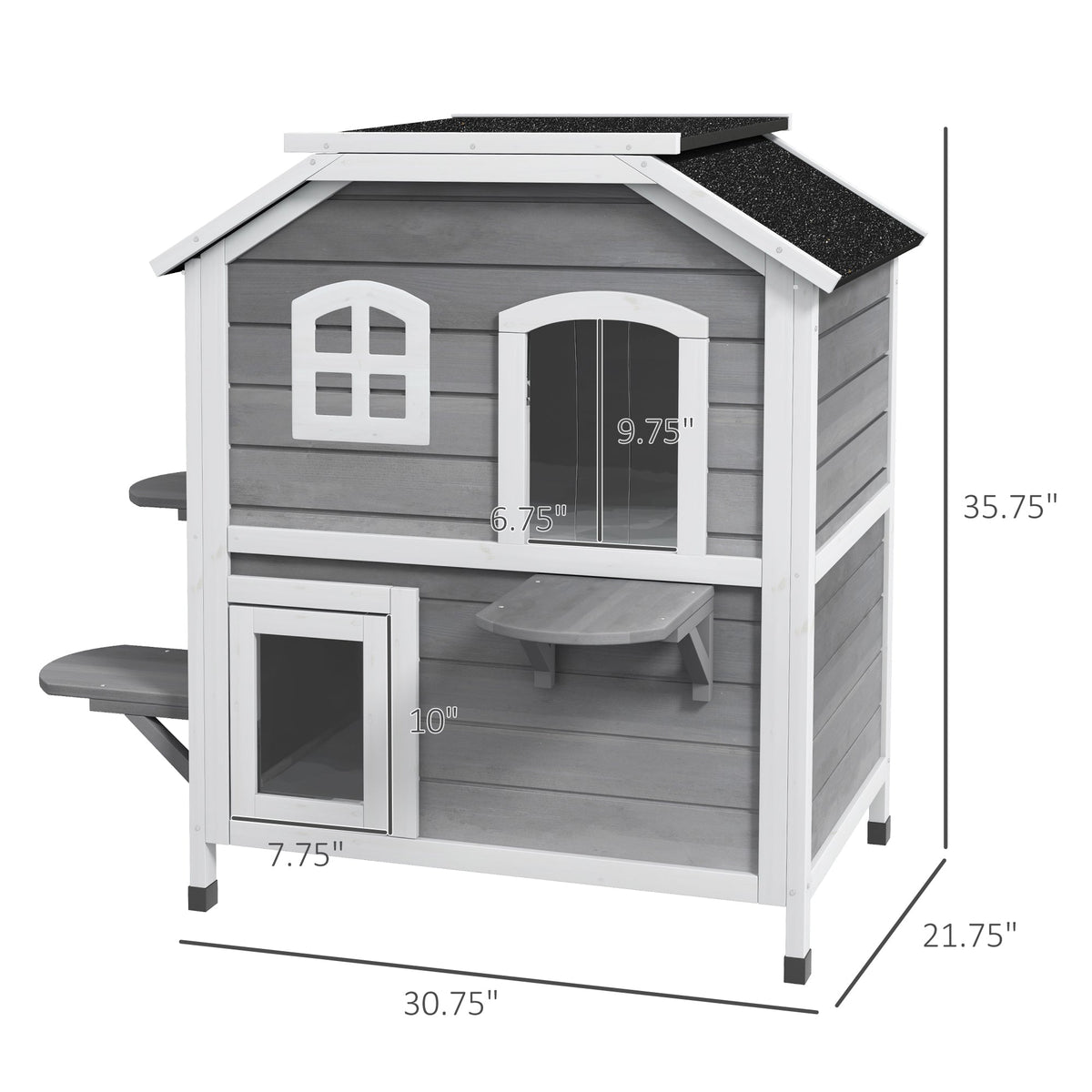 2-story Cat House Outdoor, Weatherproof Wooden Cat Enclosure for Feral Cats with Escape Door, Openable Roof, Jumping Platforms, Gray