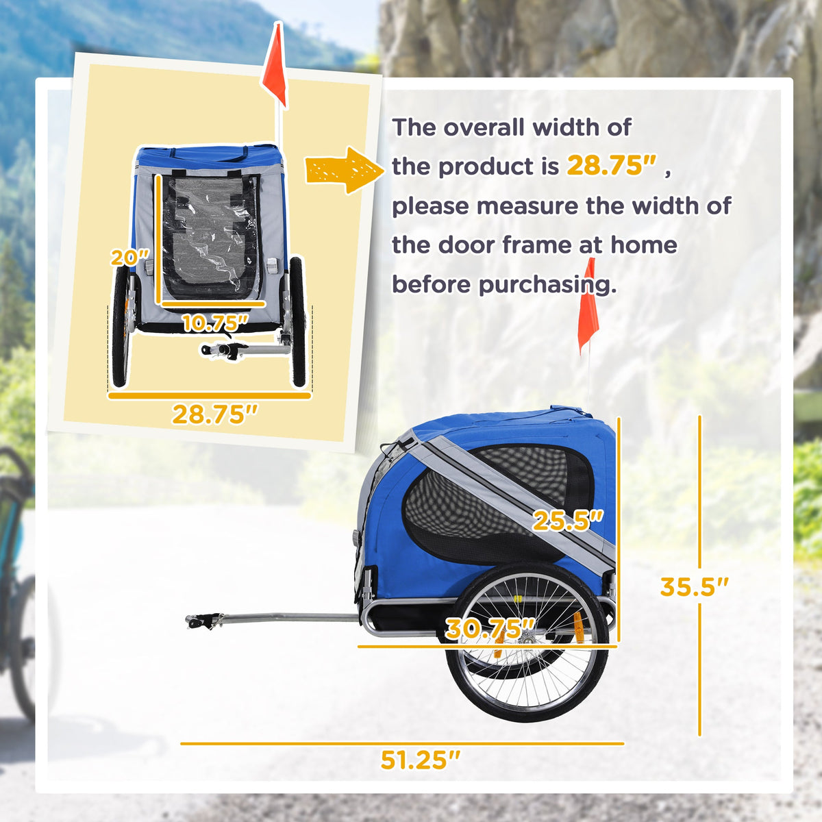 Dog Bike Trailer, Pet Wagon Bicycle Trailer with Easy Folding Cart Frame, 20" Large Rubber Wheels, 3 Entrances, Mesh Screen, Pet Bike Trailer for Off-Road & Travel, Blue and White