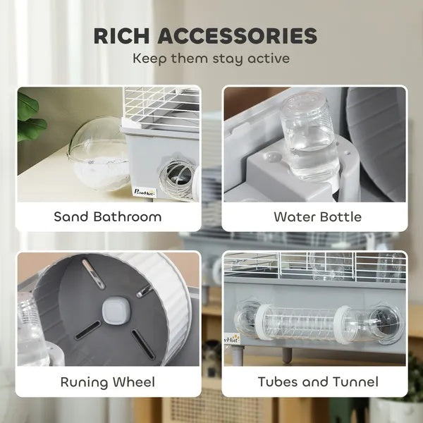 2-Tier Hamster Cage With Sand Bathroom, Running Wheel, Water Bottle
