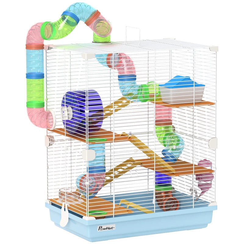 5 Tiers Hamster Cage Portable Animal Travel Carrier W Exercise Wheels Tube, Light Blue