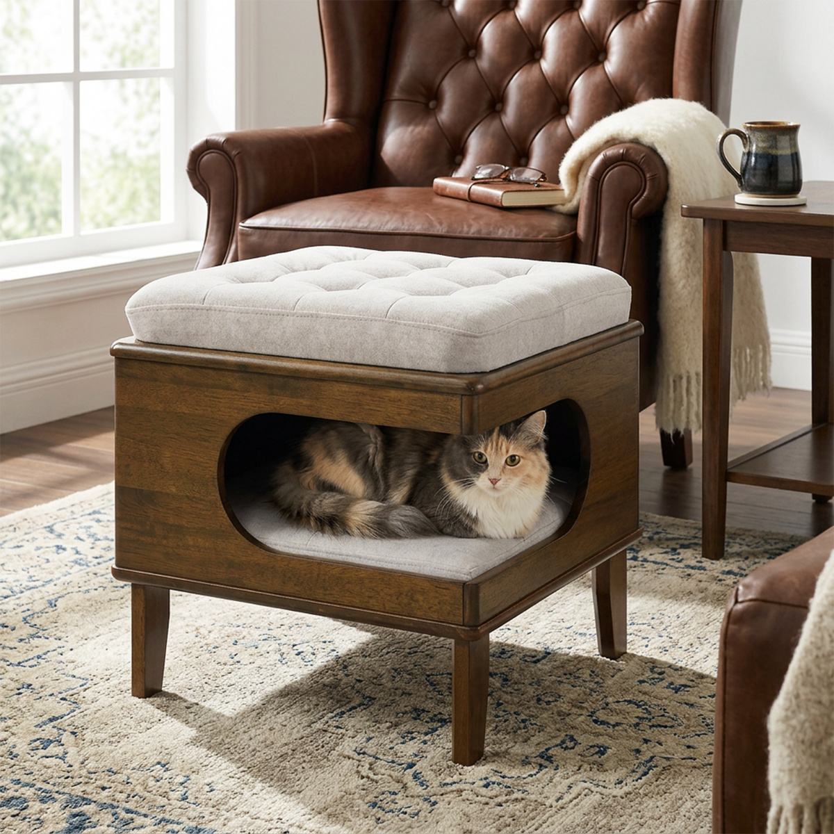 Letitia Rubber Wood Cat Bed Ottoman, 2-in-1 Tufted Pet Ottoman with Cat Cave, Multi-Functional Footstool with Cat Hideaway, Walnut Finish