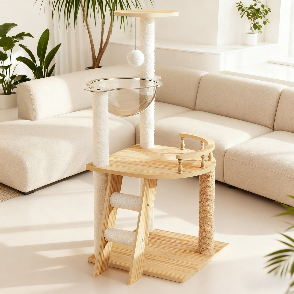 41.3" Modern Cat Tower, Wood Cat Tree Tower for Indoor Cats, Cat Treewith Sisal-Covered Scratching Posts and Top Perch, Cat Condo with Acrylic Hammock for Small Large Cats