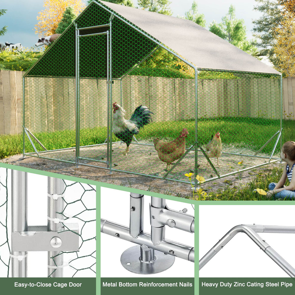 Large Metal Chicken Coop, Walk-in Chicken Run, Galvanized Wire Poultry Chicken Hen Pen Cage, Rabbits Duck Cages With Waterproof And Anti-Ultraviolet Cover For Outside