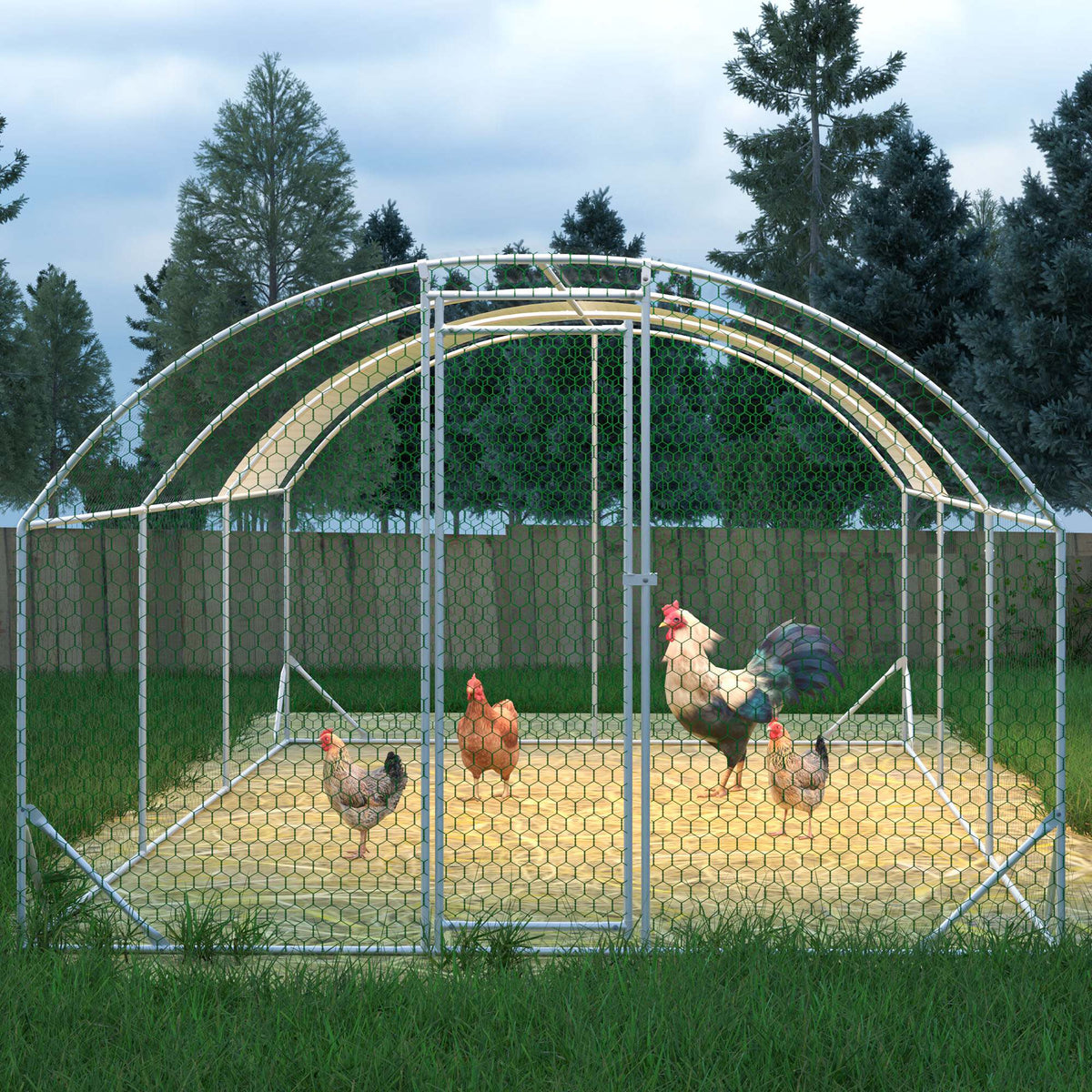 Large Chicken Coop Metal Chicken Run With Waterproof And Anti-UV Cover, Dome Shaped Walk-in Fence Cage Hen House For Outdoor And Yard Farm, 9.84 X 19.68 X 6.56 Ft