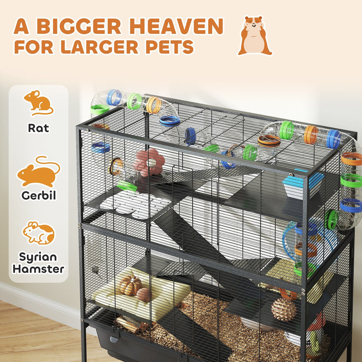 5 Tier Hamster Cage, Rolling Rat Cage with Deep Tray, Storage Shelf, Big Exercise Wheel, Hut, Tube System