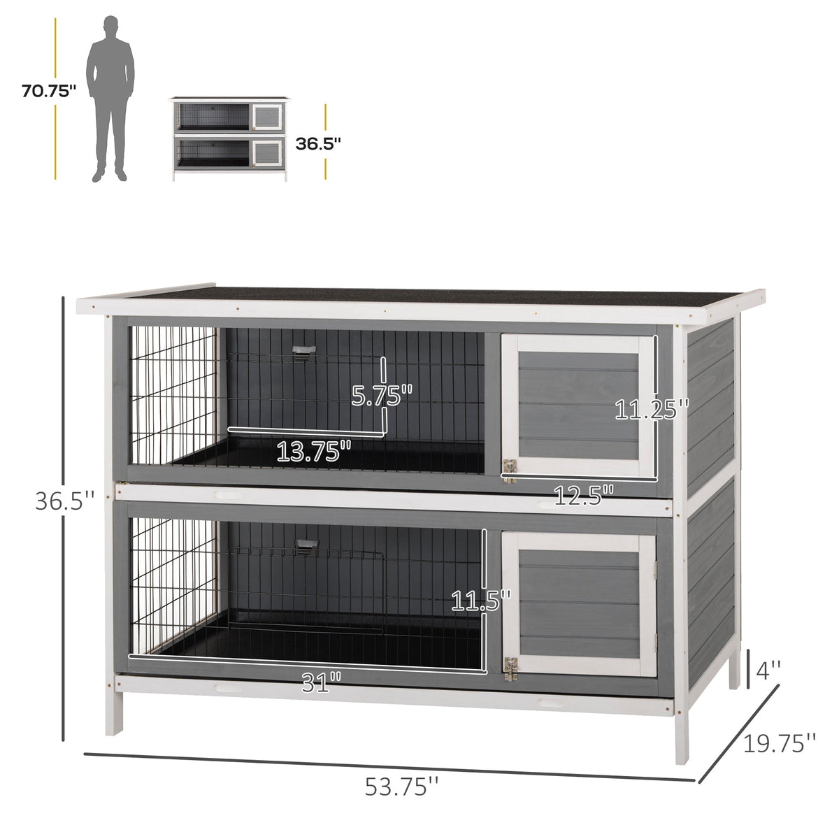 54" 2-Story Large Rabbit Hutch Bunny Cage Wooden Pet House Small Animal Habitat with Lockable Doors, No Leak Tray and waterproof Roof for Rabbits, Chickens, Ducks, Outdoor/Indoor Dark Gray