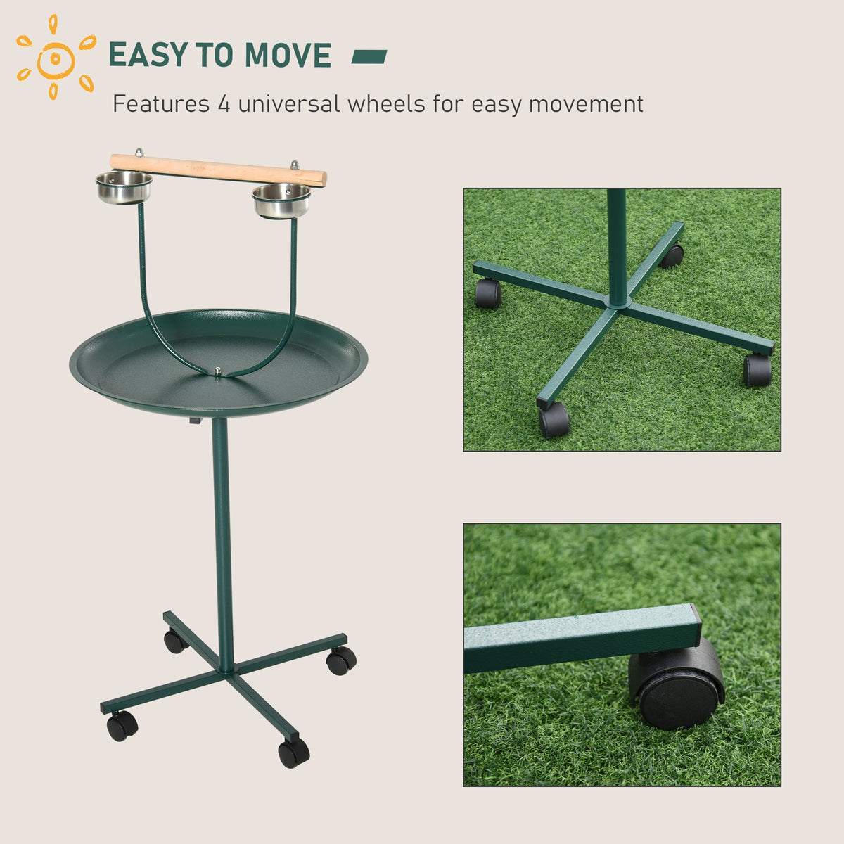 48" Rolling T-Stand, Parrot Stand, Bird Training Activity Playground With Wheels and Perch,, Bird Play Perch, Green
