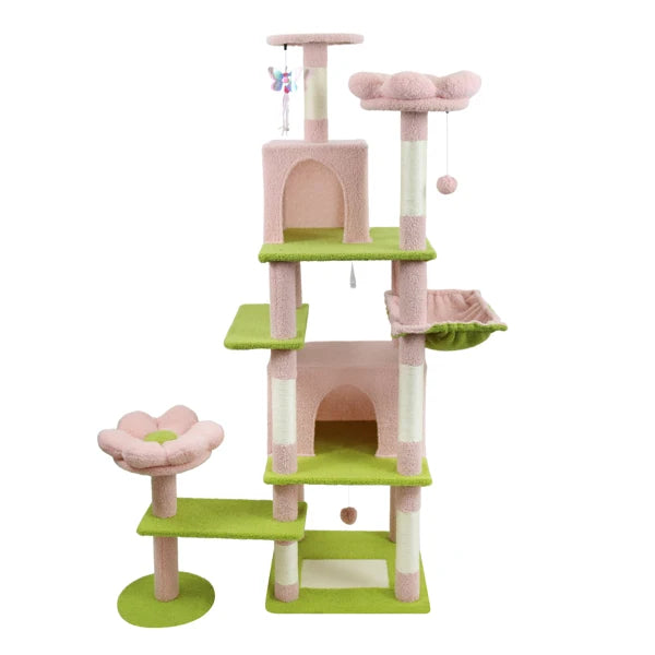 71 Inch Flower Cat Tree With Large Condo Removable Flower Cushion And Hammock Pink