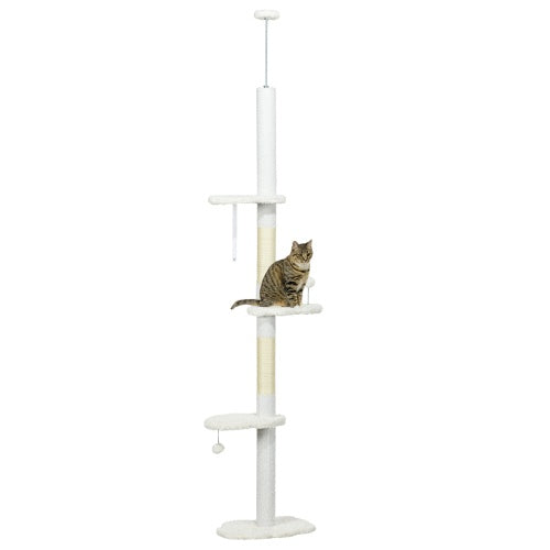 PawHut Floor To Ceiling Cat Tree With Scratching Posts, 88.5-100.5 Adjustable Height, Cat Climbing Tower With Cloud Shape Platforms, Toy Balls, Anti-toppling Device, White