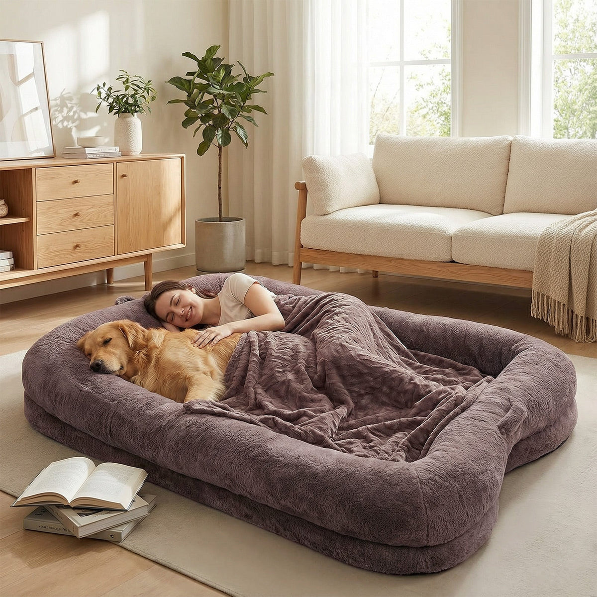 Human Dog Bed Washable Large Size Non Slip Bottom Comfortable Plush Giant Size Dog Bed With Blanket And Pocket For Home