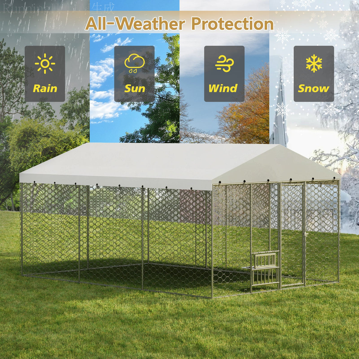 15x10 FT Large Outdoor Dog Kennel with Canopy, Heavy Duty Galvanized Steel Frame, Waterproof Cover, Built-in Elevated Feeding Bowls, Escape-Proof Lockable Pet Playpen for Large Dogs & Multiple Animal