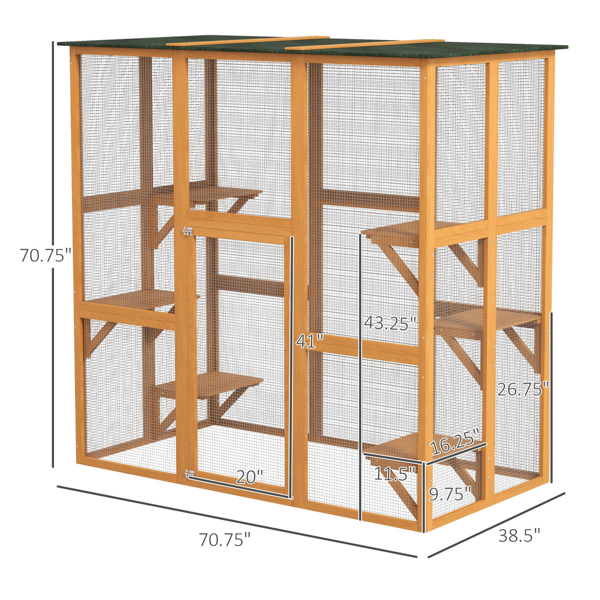 Outdoor Cat House Big Catio Wooden Feral Cat Shelter Enclosure with Large Spacious Interior, 6 High Ledges, Weather Protection Asphalt Roof, 71" L, Orange