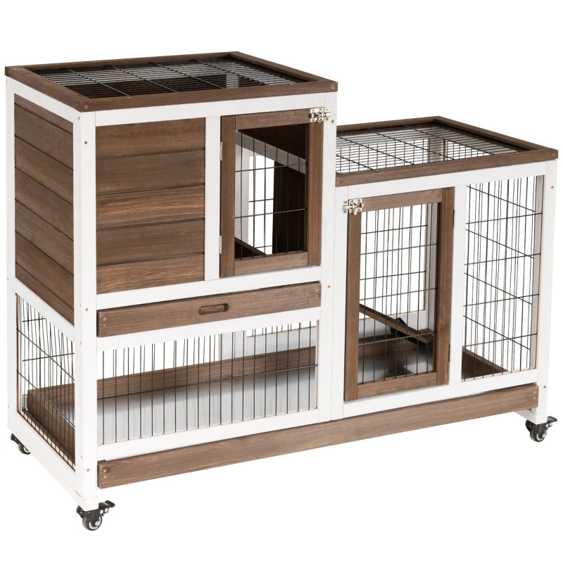 PawHut Wooden Rabbit Hutch Elevated Bunny Cage Indoor Small Animal Habitat With Enclosed Run With Wheels, Ramp, Removable Tray For Rabbits, Chickens, Ducks, Guinea Pigs, Brown