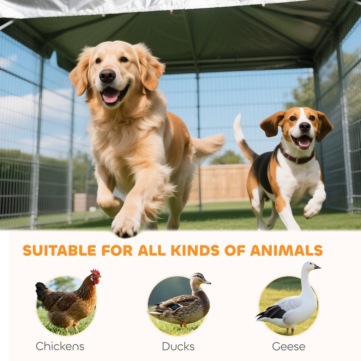 Large Outdoor Dog Kennel with 2 Rooms, Rotating & Adjustable Height Bowls, Waterproof & UV-Resistant Canopy
