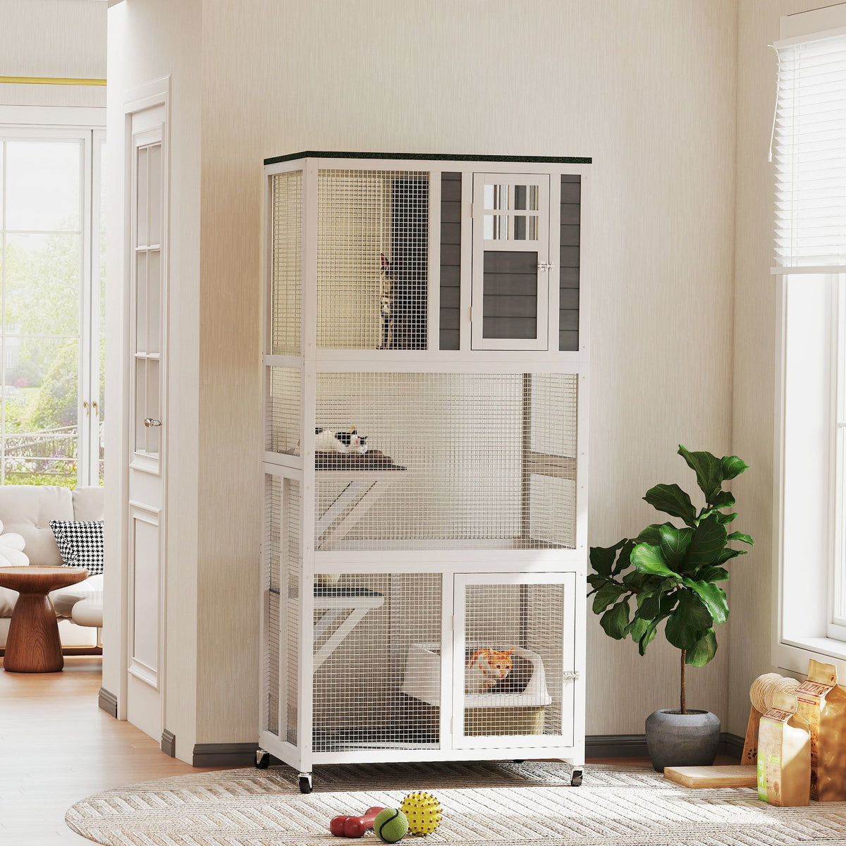 74" Wooden Catio Outdoor Cat Enclosure Weatherproof & Wheeled, Outside Cat House with High Weight Capacity, Kitten Cage Condo, White