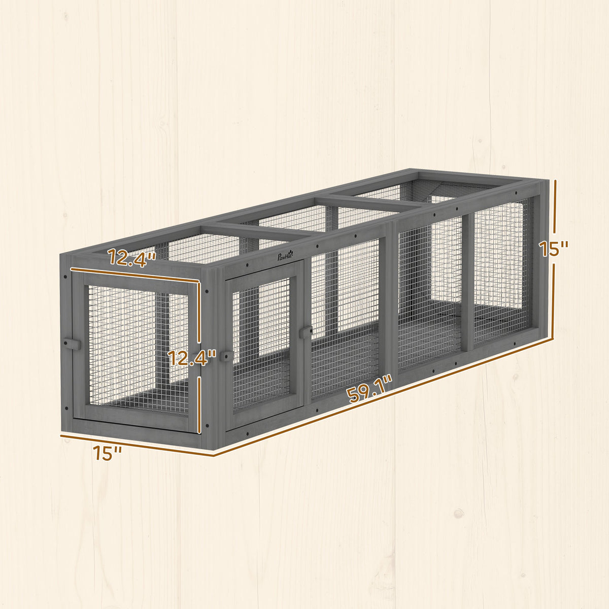 Outdoor Cat Tunnel, 59" Wooden Play Cat Enclosure, Extendable Pet Run with 3 Doors for Kitty, Puppy, Gray