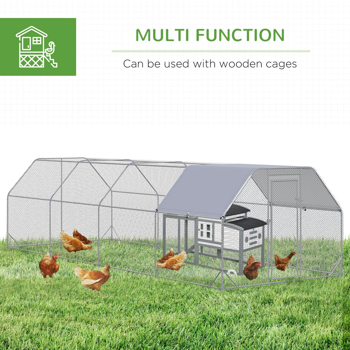 Large Chicken Coop Metal Chicken Run with Waterproof and Anti-UV Cover, Flat Shaped Walk in Fence Cage Hen House for Outdoor and Yard Farm Use, 1" Tube Diameter, 9.2 x 24.9 x 6.4