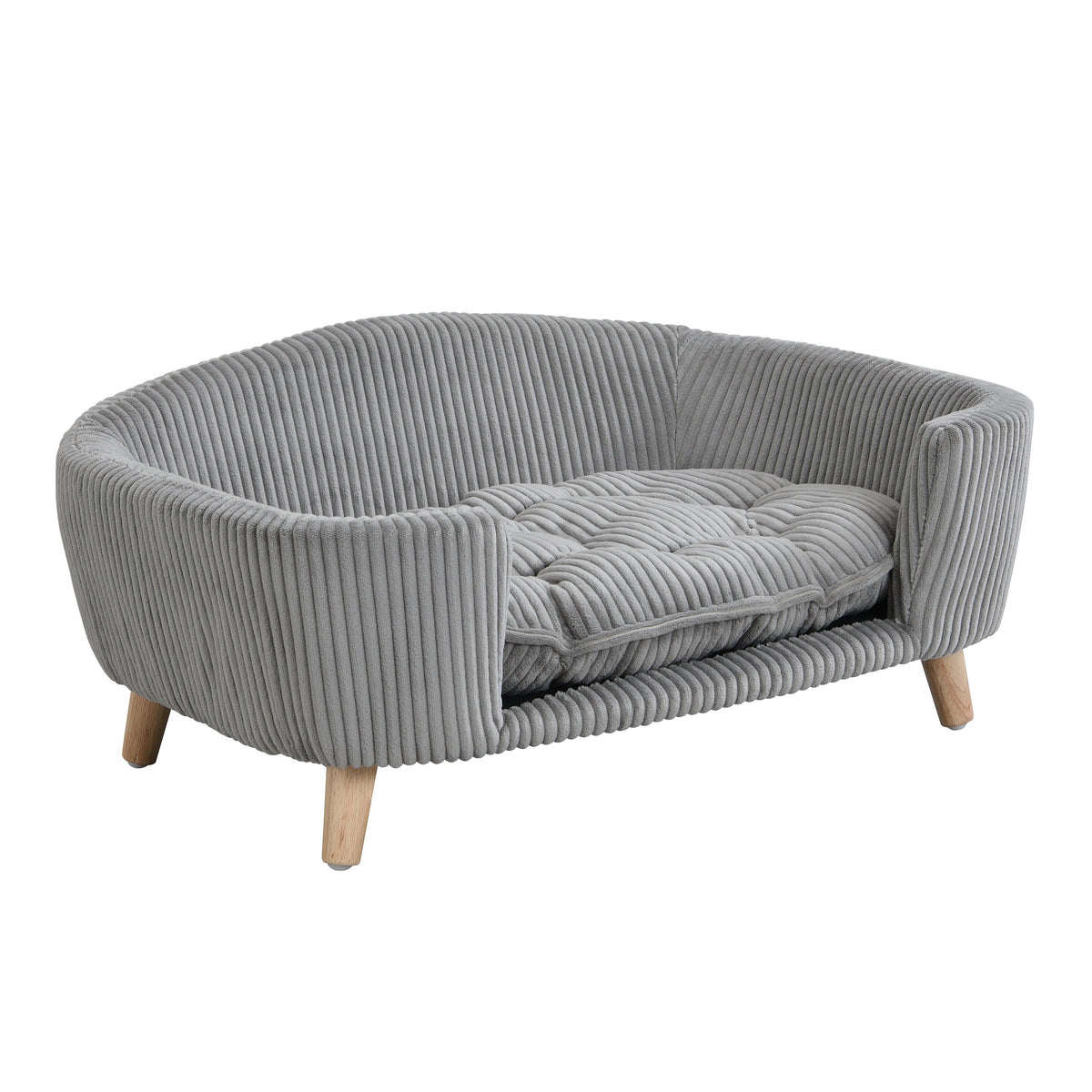 Elevated Dog Bed Frame for Small Dog, Corduroy Pet Couch Bed with Rubber Wood Legs and Supportive Foam, Grey, Easy Assembly