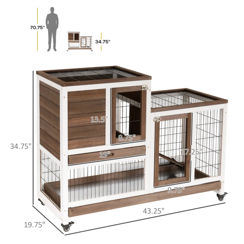 PawHut Wooden Rabbit Hutch Elevated Bunny Cage Indoor Small Animal Habitat With Enclosed Run With Wheels, Ramp, Removable Tray For Rabbits, Chickens, Ducks, Guinea Pigs, Brown