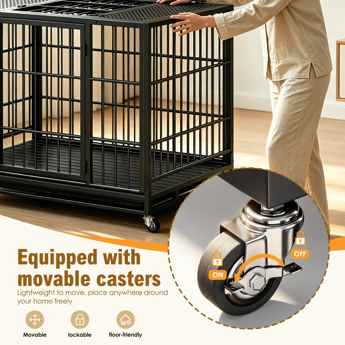 Heavy Duty Dog Crate , Mobile Pet Kennel with Lockable Wheels & Rotary Twist-Latch, Indoor Outdoor Metal Cage with Perforated Top