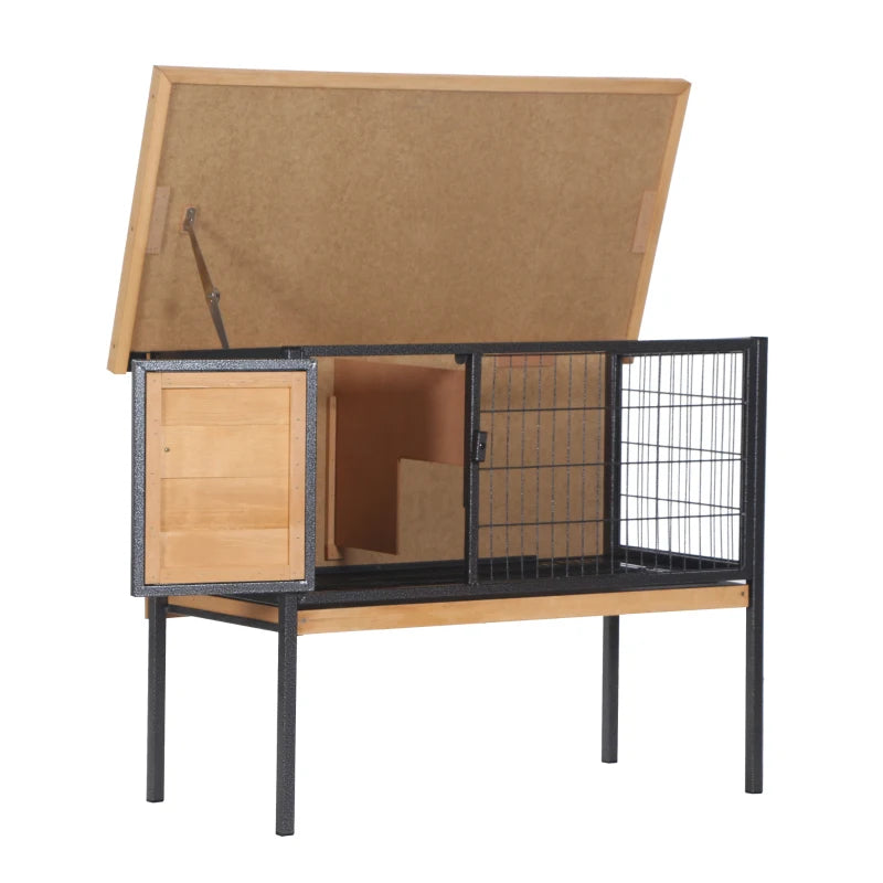 PawHut Rabbit Hutch Elevated Bunny Cage Small Animal Habitat With Metal Frame, No Leak Tray, Metal Wire Pan, Openable Water-Resistant Asphalt Roof For Rabbits, Chickens, Ducks, IndoorOutdoor Natural