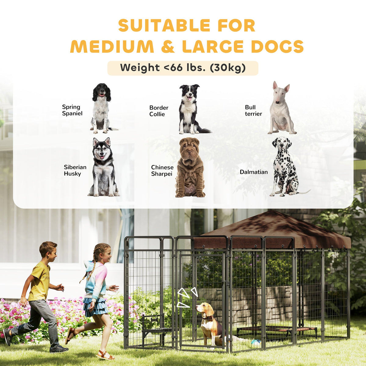 Dog Kennel Outdoor with Waterproof Canopy, Dog Run with Galvanized Chain Link, Secure Lock, for Backyard and Patio, Large and Medium Sized Breeds, Chickens, Ducks, 9.3 x 4.6 x 5.2