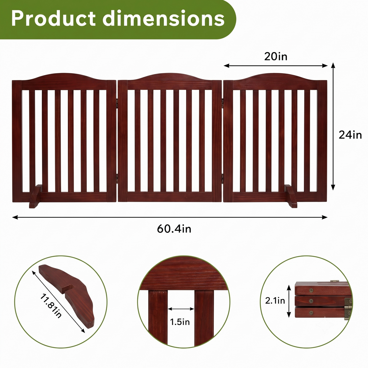 Wooden Freestanding Foldable Pet Gate for Dogs, 24 inch 3 Panels Step Over Fence, Dog Gate for The House, Doorway,