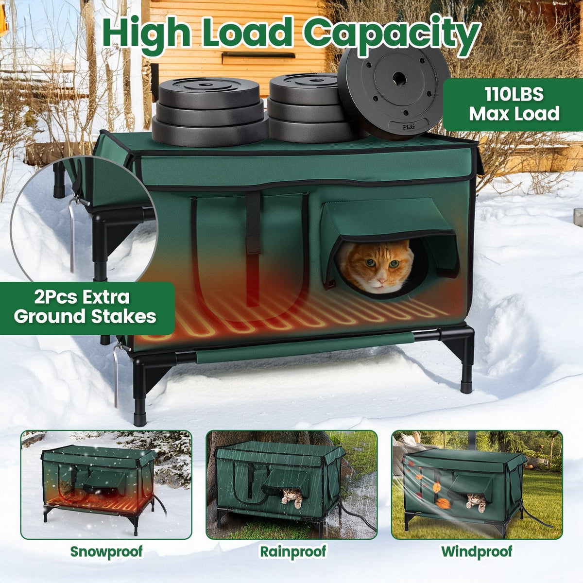 1Pc Waterproof Heated Cat House Outdoor Weatherproof Insulated Kitty Shelter Feral Cat Heating Bed With Heating Pad Anti-Chew Cord 2 Doors 3 Windows For Indoors Outdoors Winter Summer