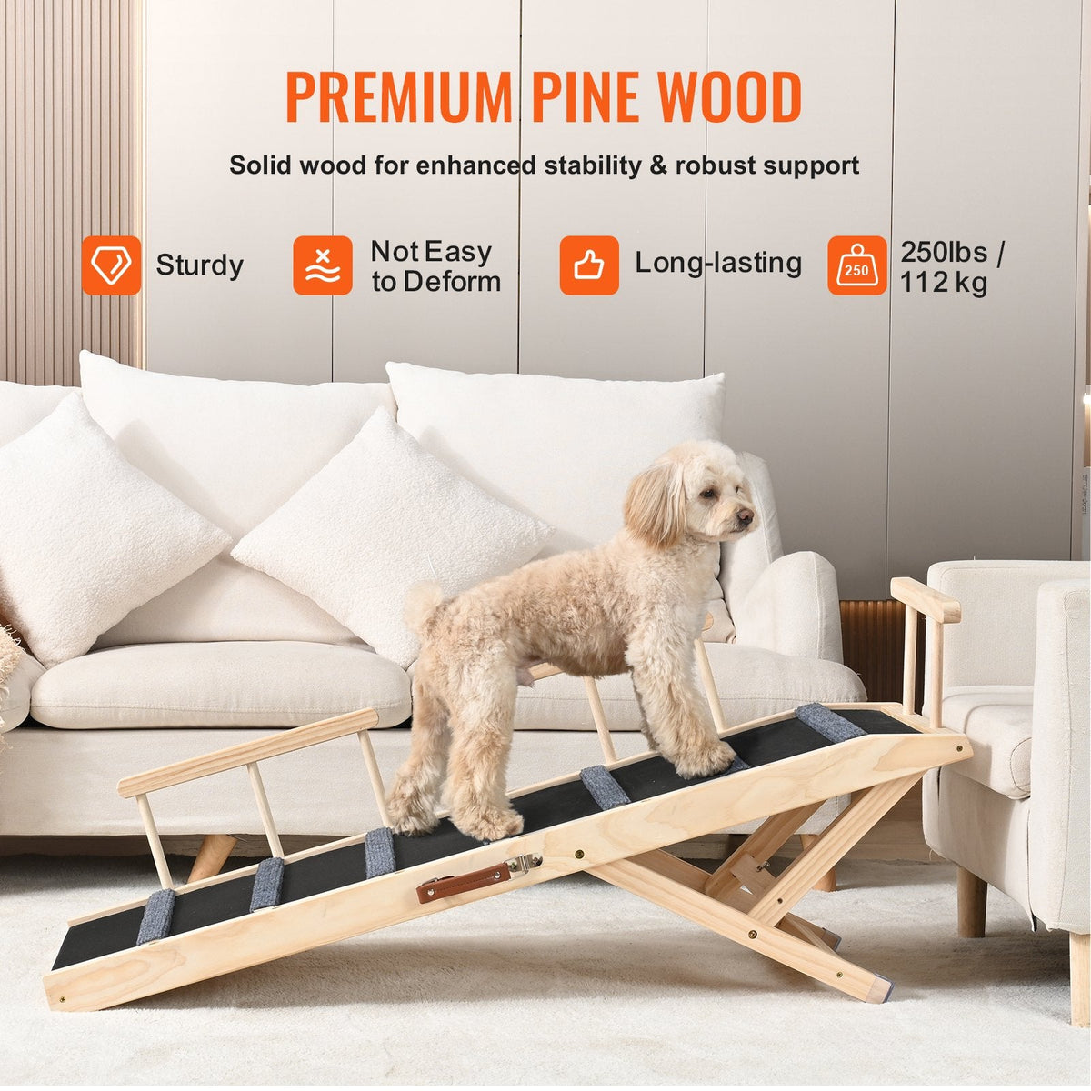 Dog Ramp, Folding Pet Ramp For Bed, Adjustable Dog Ramp For Small, Large, Old Dogs & Cats, Wooden Pet Ramp With 47.2' Long Ramp, Adjustable From 13.8' To 27.6', Suitable For Couch, Sofa, Car