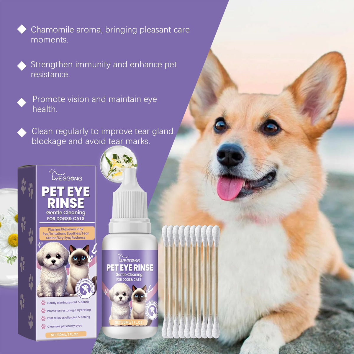 Pet Eye Rinse For Dogs & Cats, Gentle Eye Cleaner Solution With Hyaluronic Acid, Honeysuckle Extract & Taurine, Tear Stain Remover For Daily Eye Care, 30ml With Cotton Swabs