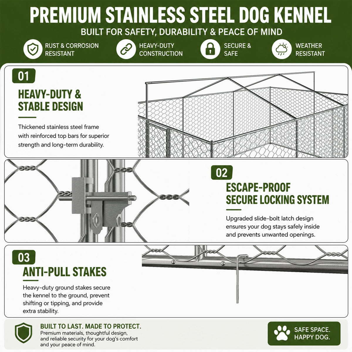 15x10 FT Large Outdoor Dog Kennel with Canopy, Heavy Duty Galvanized Steel Frame, Waterproof Cover, Built-in Elevated Feeding Bowls, Escape-Proof Lockable Pet Playpen for Large Dogs & Multiple Animal