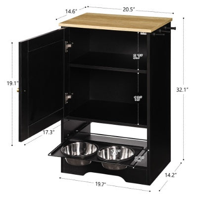 Feeding Station With 1 Storage Cabinets, Pet Feeding Station With 2 Elevated Dog Bowls, Side Hooks, Anti-tip Kit, Hidden Pet Feeder Station For Feeding  Watering, Black