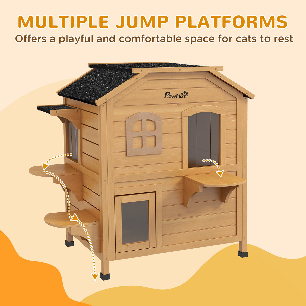 2-Story Wooden Outdoor Cat House Feral Shelter With Escape Door Asphalt Roof 4 Platforms Natural