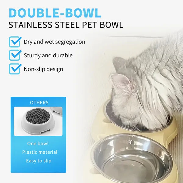 Anti Slip Base Double Cat Food Bowl, White Stainless Steel Food And Water Bowl, Easy To Clean And Detachable Design, Cat And Dog Pet Feeder