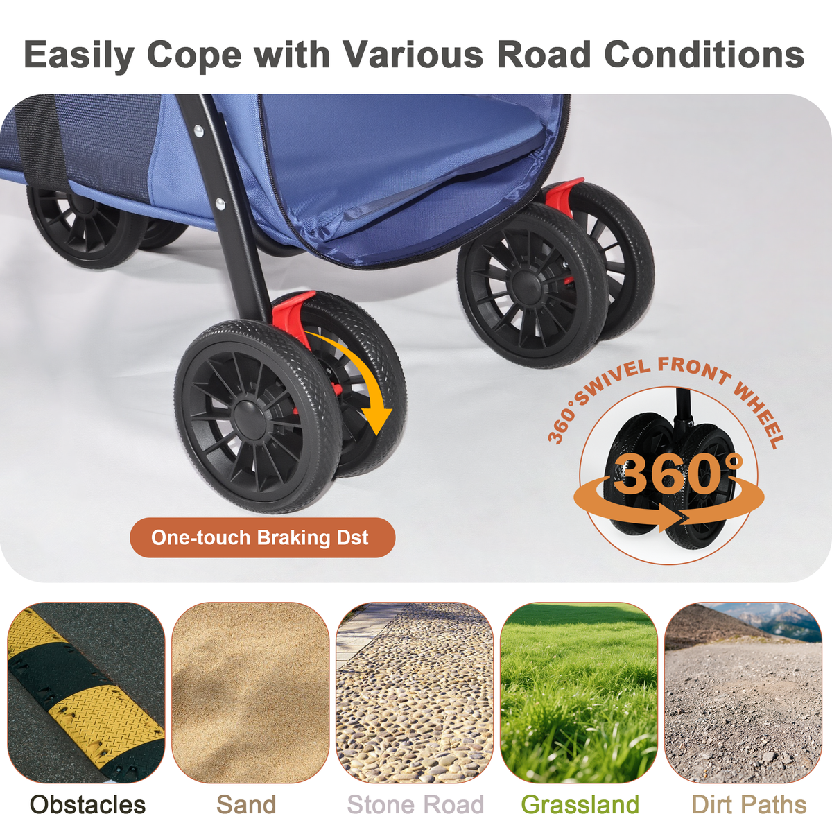 Pet Stroller, Foldable 4-Wheel Design, Breathable Mesh Dog Cat Stroller with Shockproof Wheels, Brake System, Storage Tray, 2 Fixed Safety Leashes, Large Space for Small Medium Pets, Navy Blue