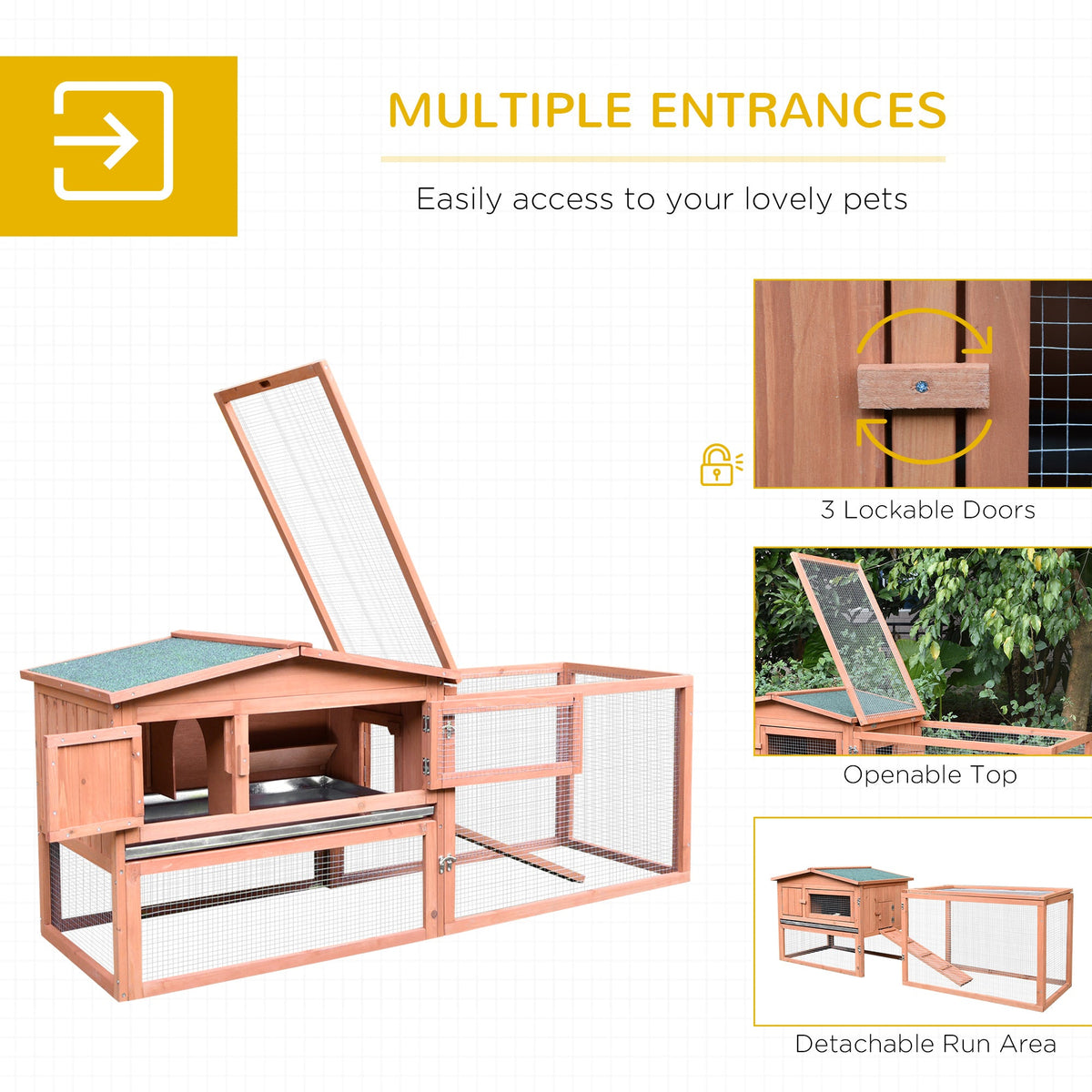 Rabbit Cage Outdoor, 62" Wooden Outdoor Rabbit Hutch, Small Animal Habitat with Detachable Run and Elevated Main House, Natural
