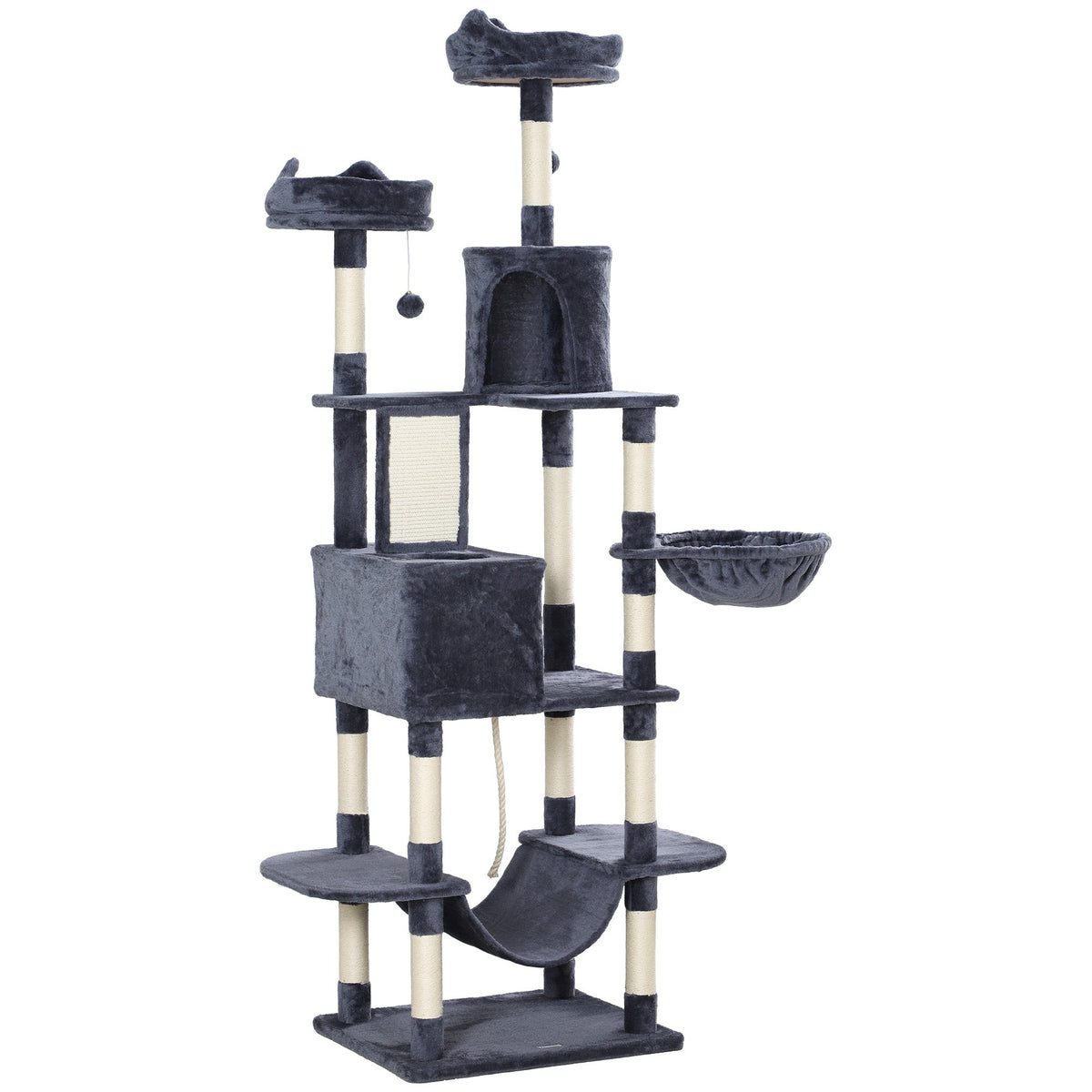 81" Cat Tree w/ Cat Scratching Posts, Scratching Board, Condos, Beds, Hammocks, Toy Balls, Rope Cat Toy, Gray