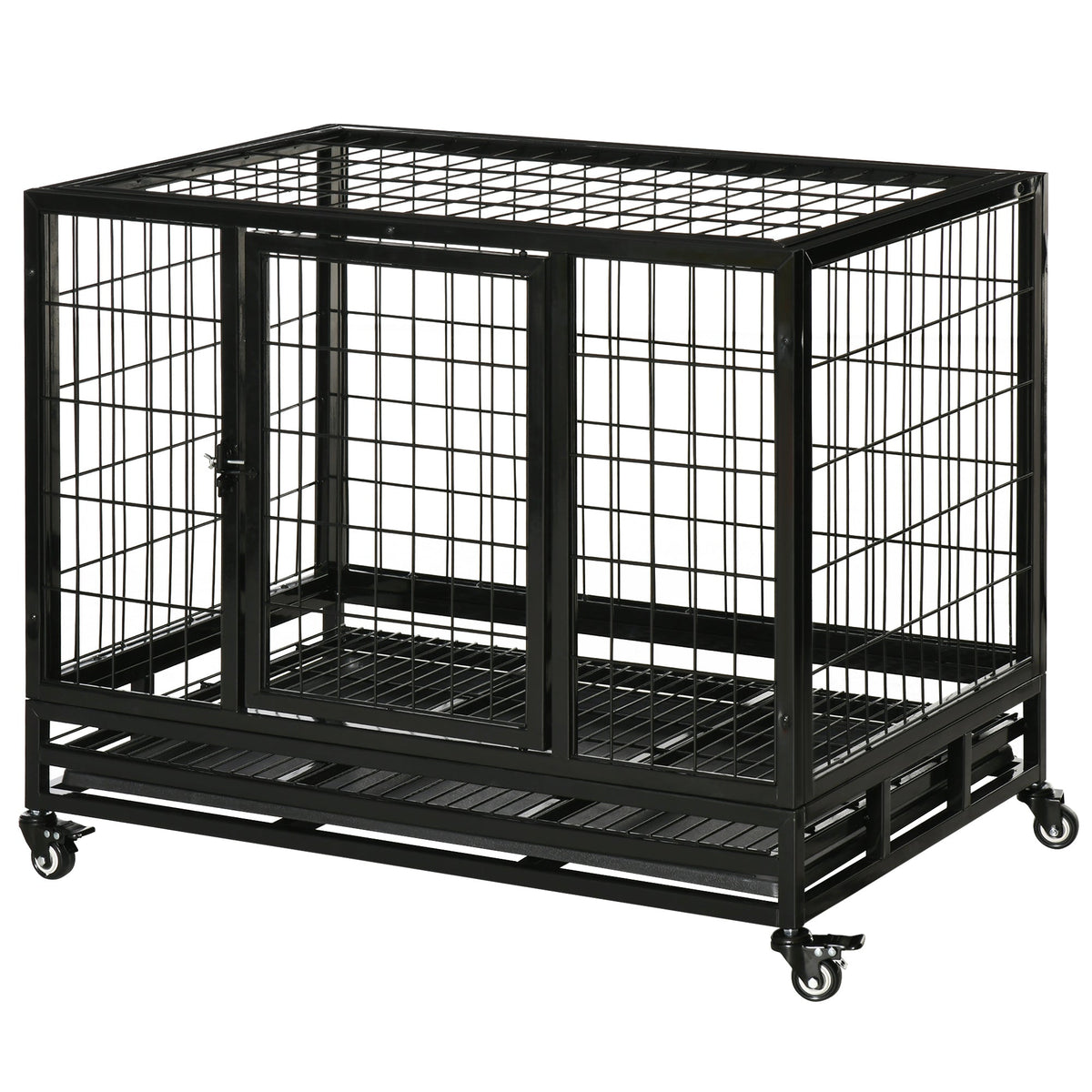 36" Heavy Duty Dog Crate with Removable Tray, Lockable Wheels and Double Door, for Medium and Large Dogs, Black