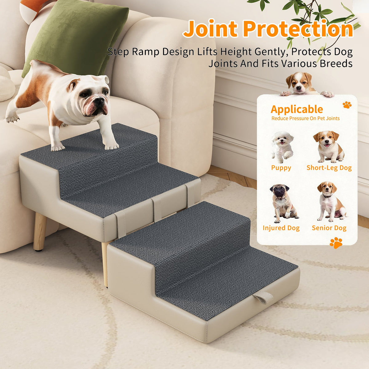 4-Step Ottoman Dog Stairs, 2-in-1 Foldable Pet Ramp for Bed,  Dog Ramp for Small Puppy and Cats, Sturdy Wood Frame Support with Non-slip walking surface, Holds Up To 220lbs ( Light Grey Color )