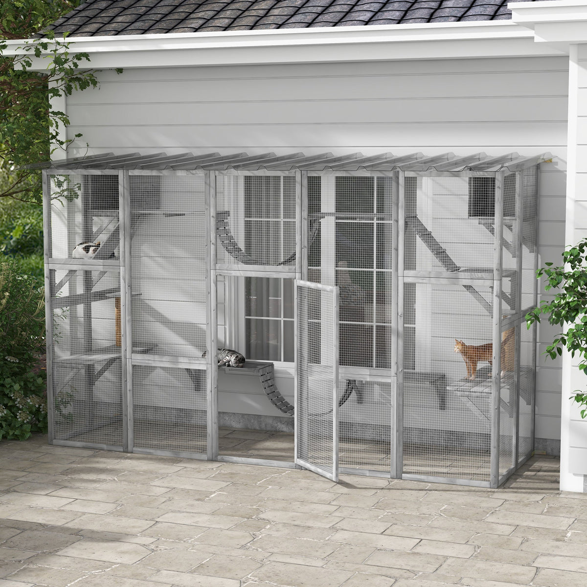 Catio Playground Cat Window Box Outside Enclosure for Multiple Cats w/ Shelves & Bridges, Gray