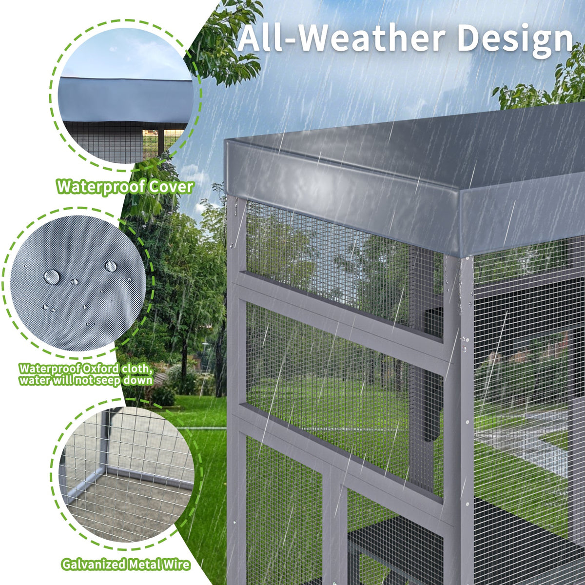 62.6" Wooden Outdoor Catio for Cats, Large Cat Enclosure with Waterproof Roof, 2 Napping House, Platforms & Galvanized Wire – Pet Cage for Backyard or Patio